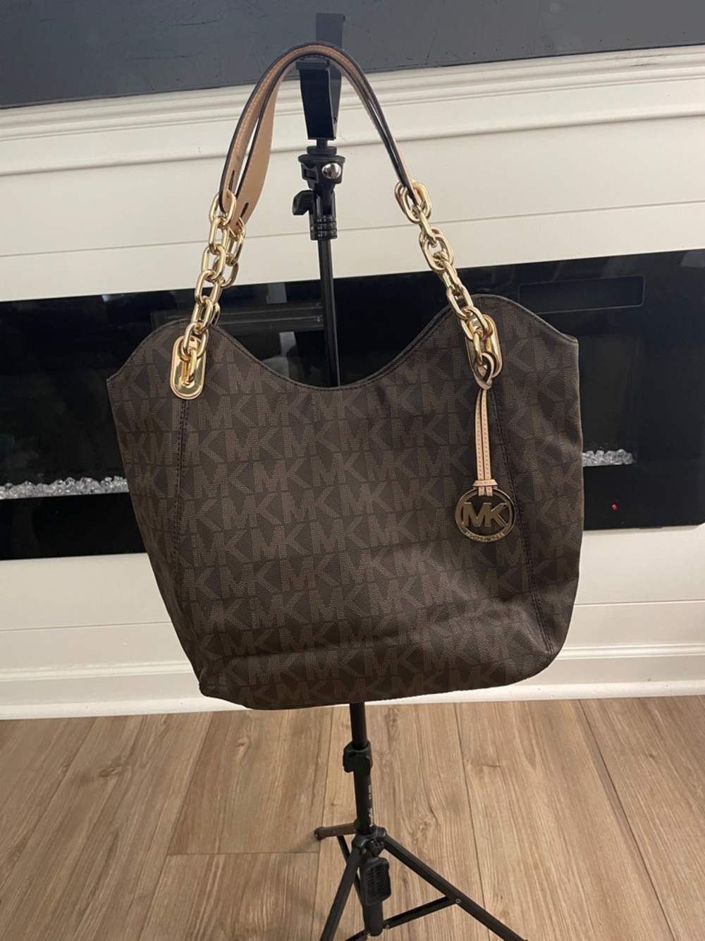 Michael Kors Dark Brown Monogram Shoulder Tote with Gold Hardware